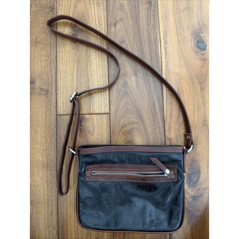 Tano Italian Black Leather Brown Accents Small Crossbody Euro Italy Classic Euro